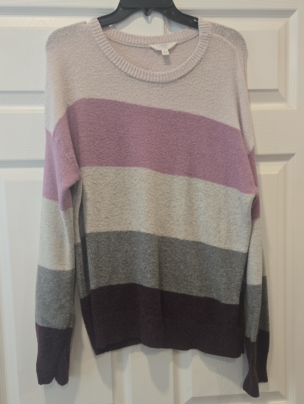Time and Tru Striped Crewneck Sweater in Light Pink, Gray & Plum